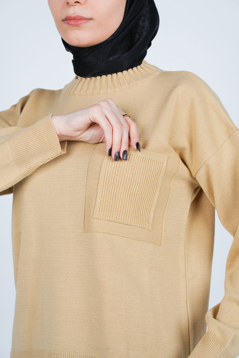 بافت یقه گرد آستین بلند جیب دار زنانه 