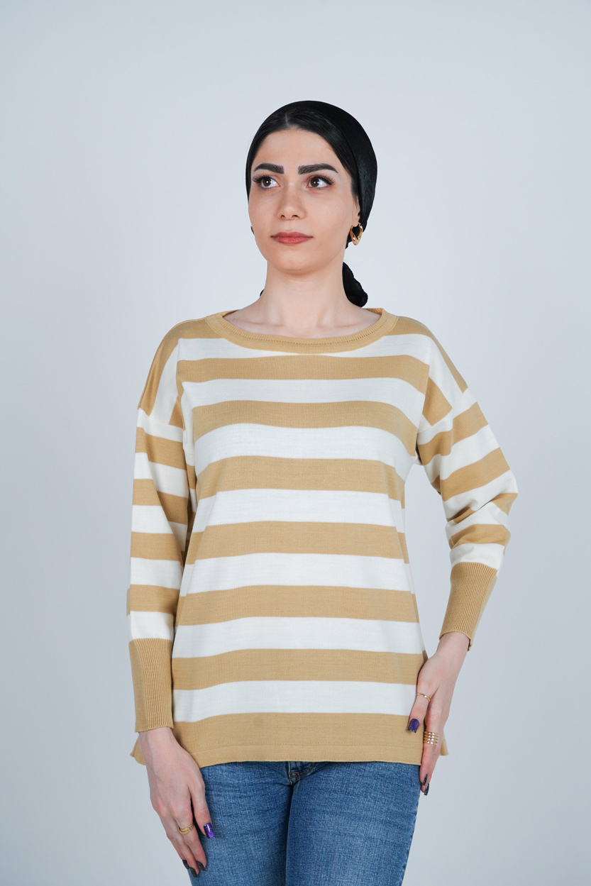 بافت آستین بلند یقه گرد راه راه زنانه 