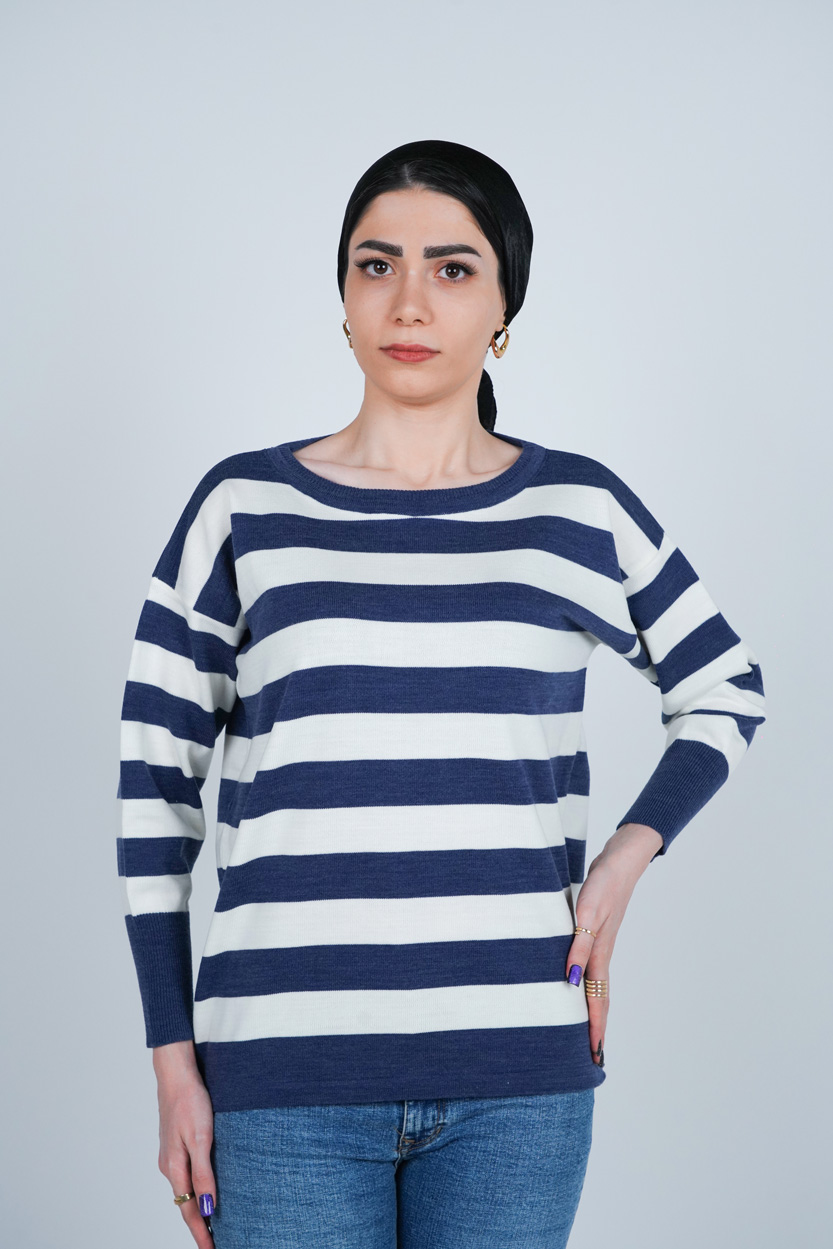 بافت آستین بلند یقه گرد راه راه زنانه 