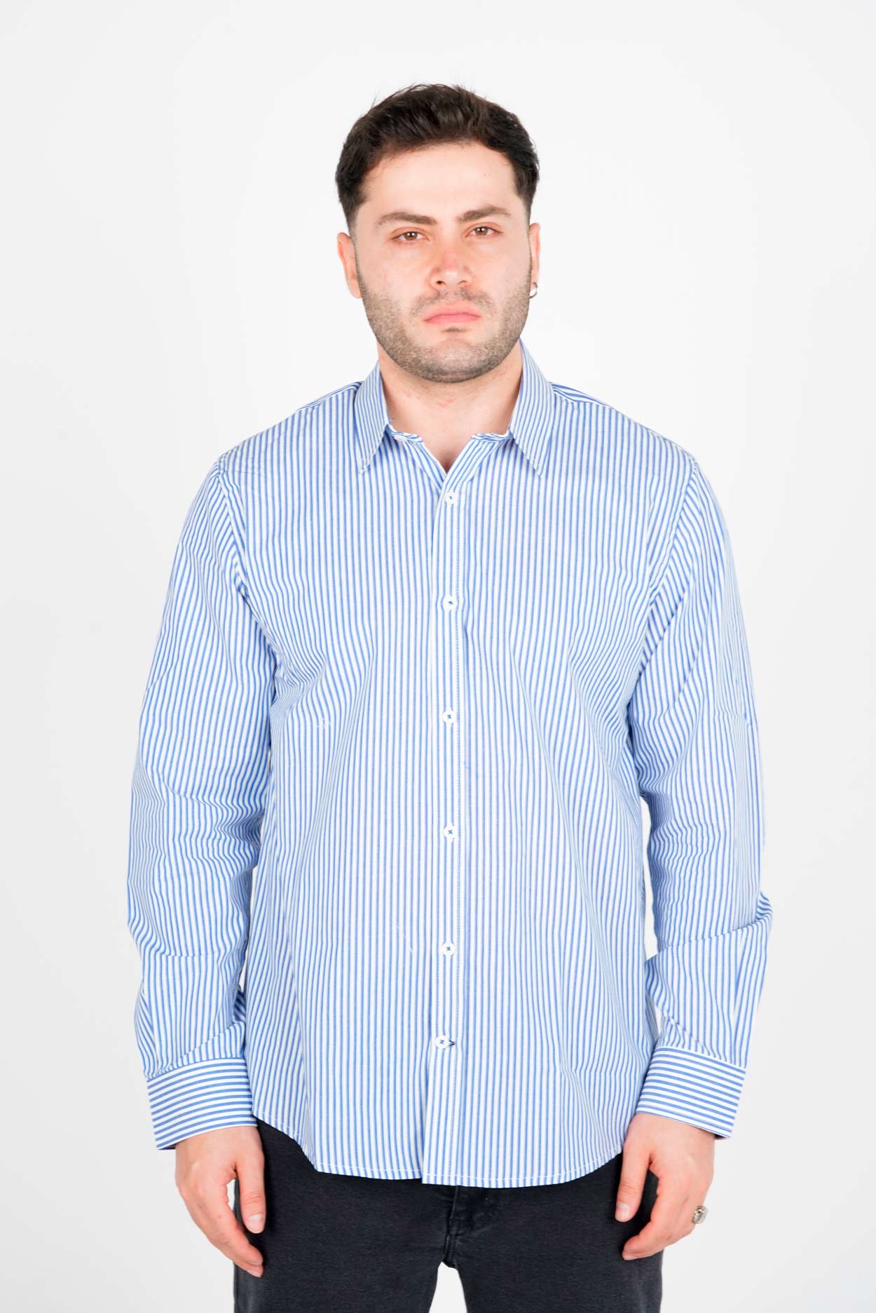 پیراهن آستین بلند یقه برگردان راه راه مردانه