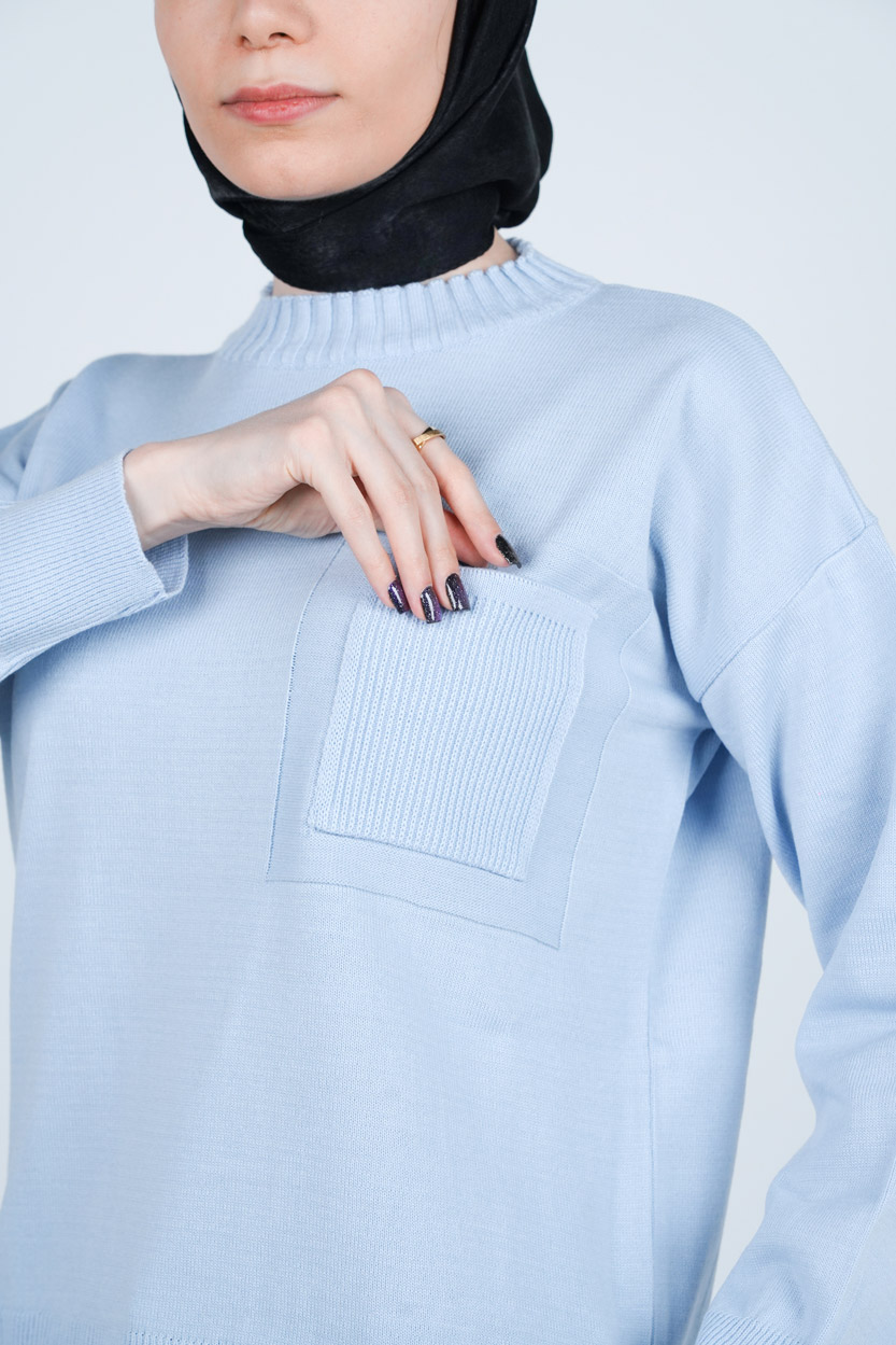 بافت یقه گرد آستین بلند جیب دار زنانه 