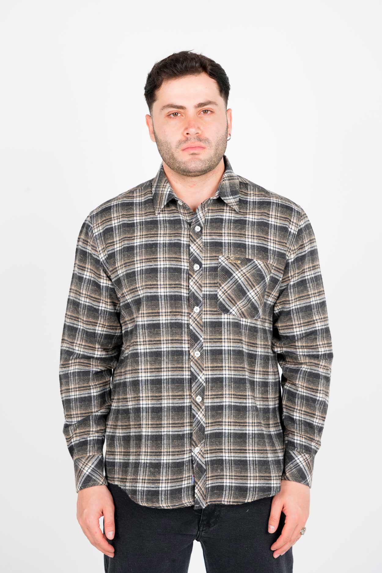 پیراهن آستین بلند پشمی یقه برگردان چهارخانه مردانه