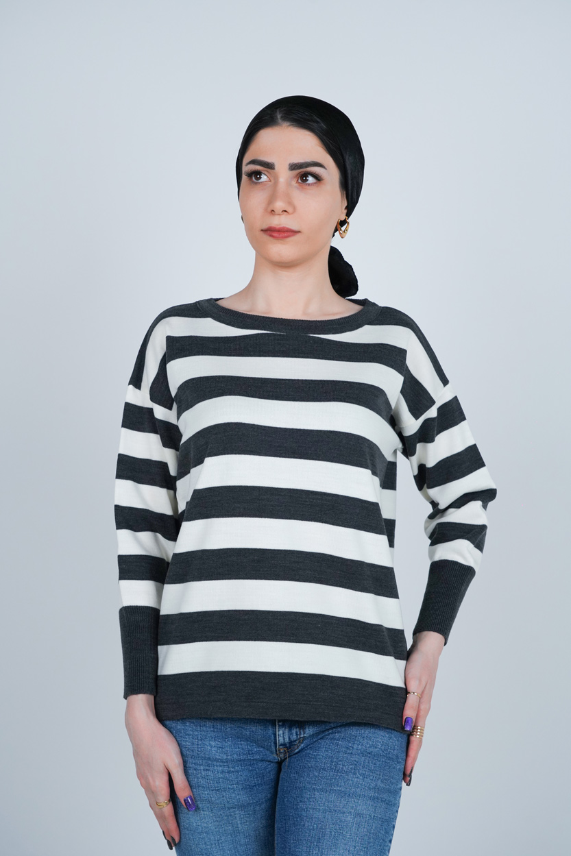 بافت آستین بلند یقه گرد راه راه زنانه 