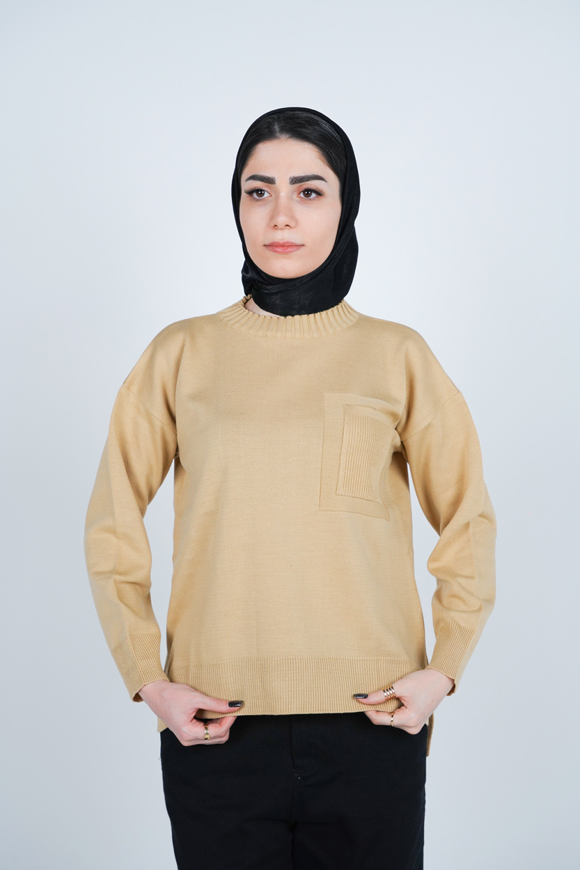 بافت یقه گرد آستین بلند جیب دار زنانه 