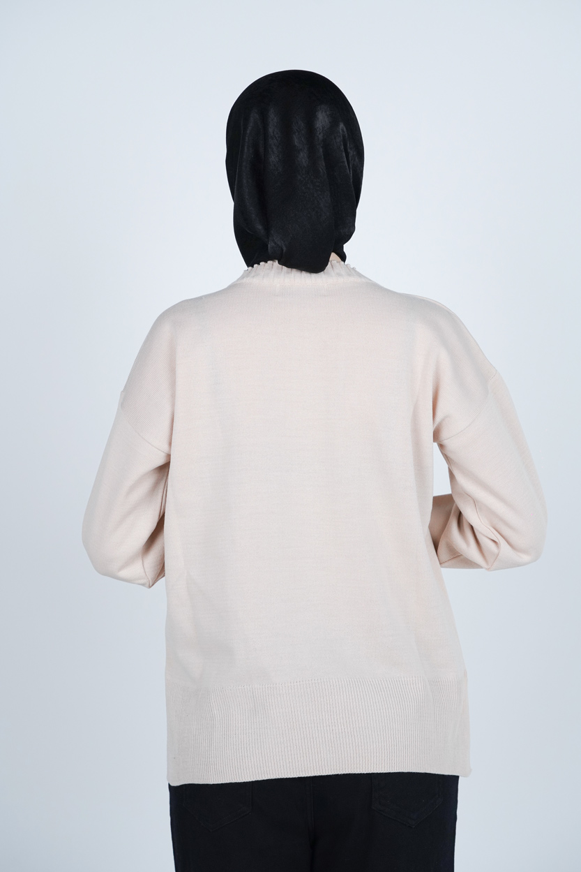 بافت یقه گرد آستین بلند جیب دار زنانه 