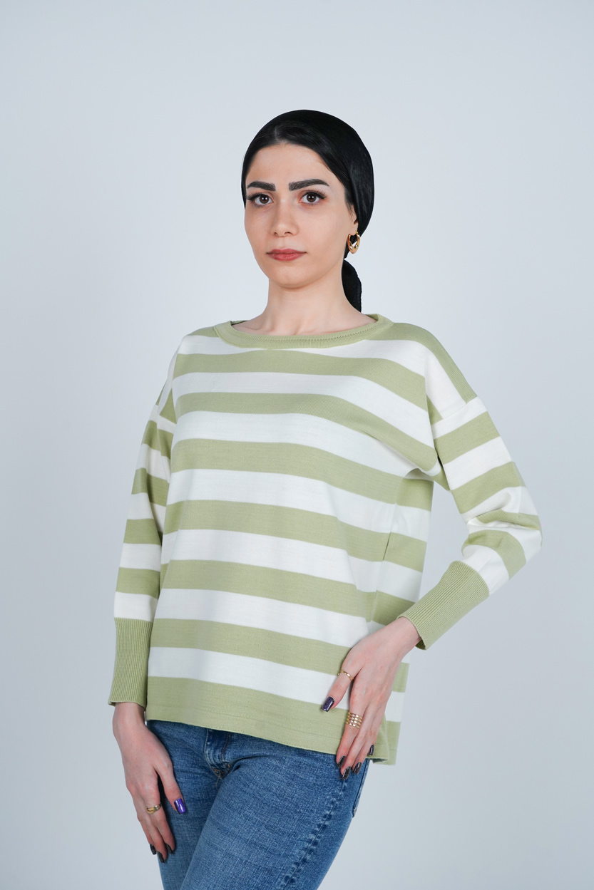 بافت آستین بلند یقه گرد راه راه زنانه 