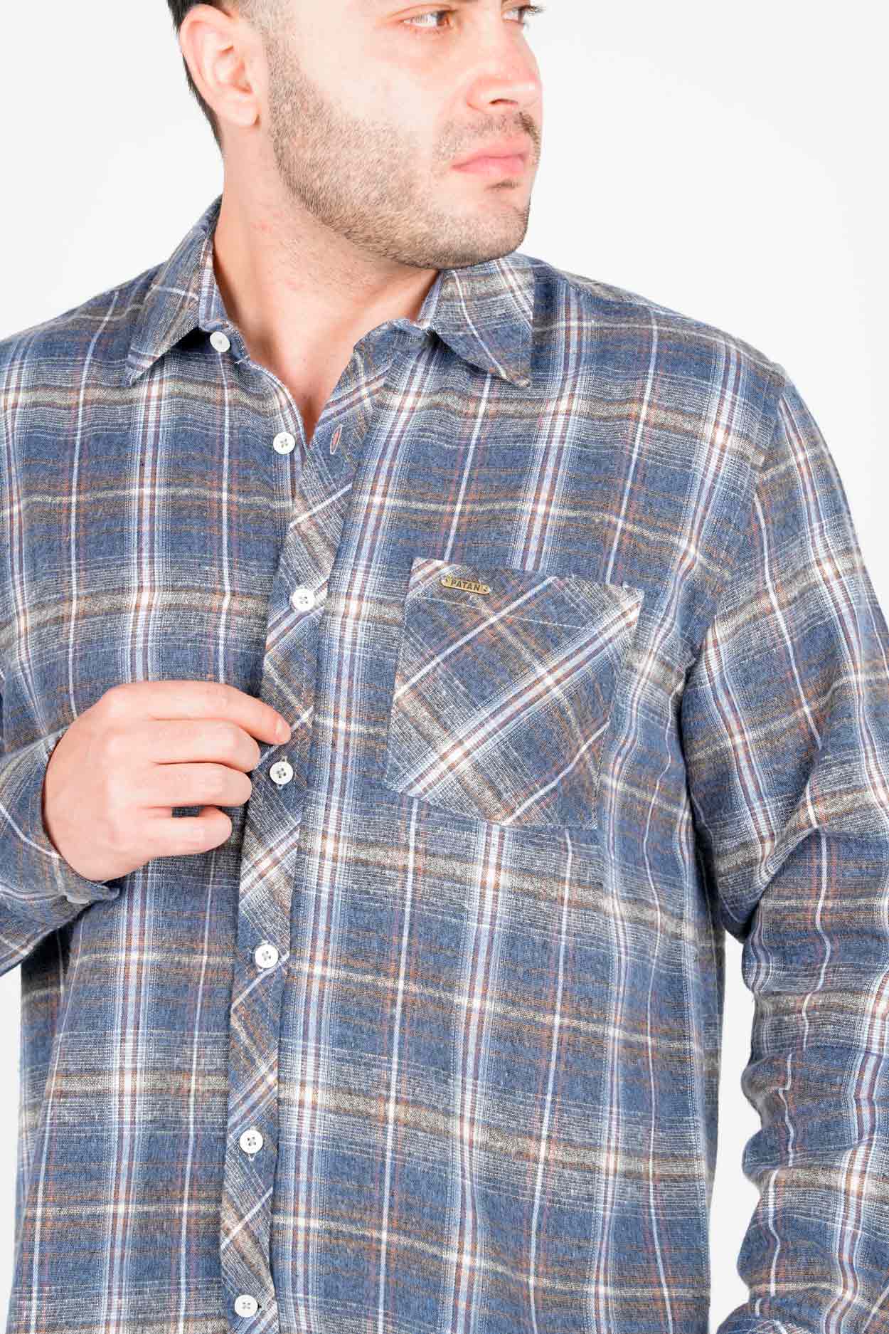 پیراهن آستین بلند پشمی یقه برگردان چهارخانه مردانه 