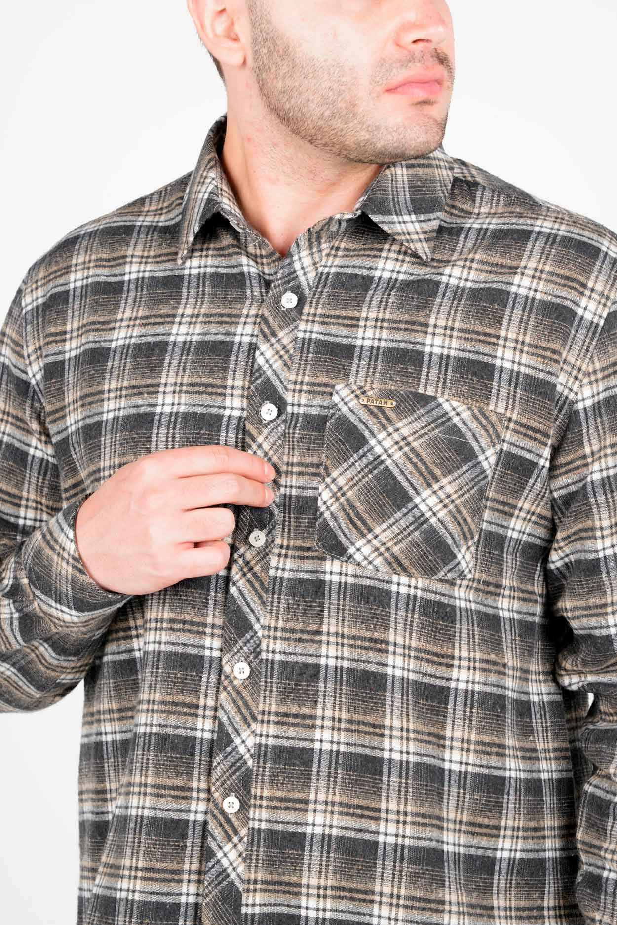 پیراهن آستین بلند پشمی یقه برگردان چهارخانه مردانه